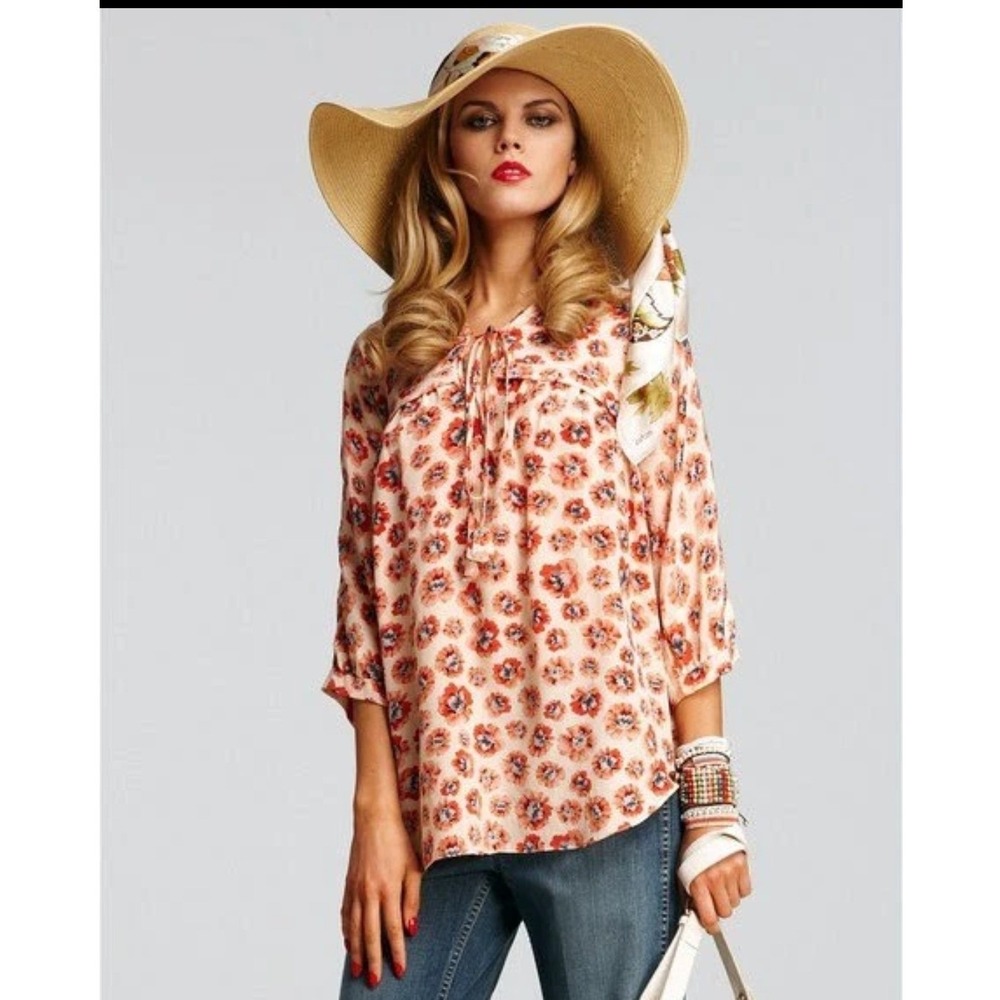 Rebecca Taylor 100% Silk Floral Blouse Top Pink Red Cream Keyhole Size‎ 6